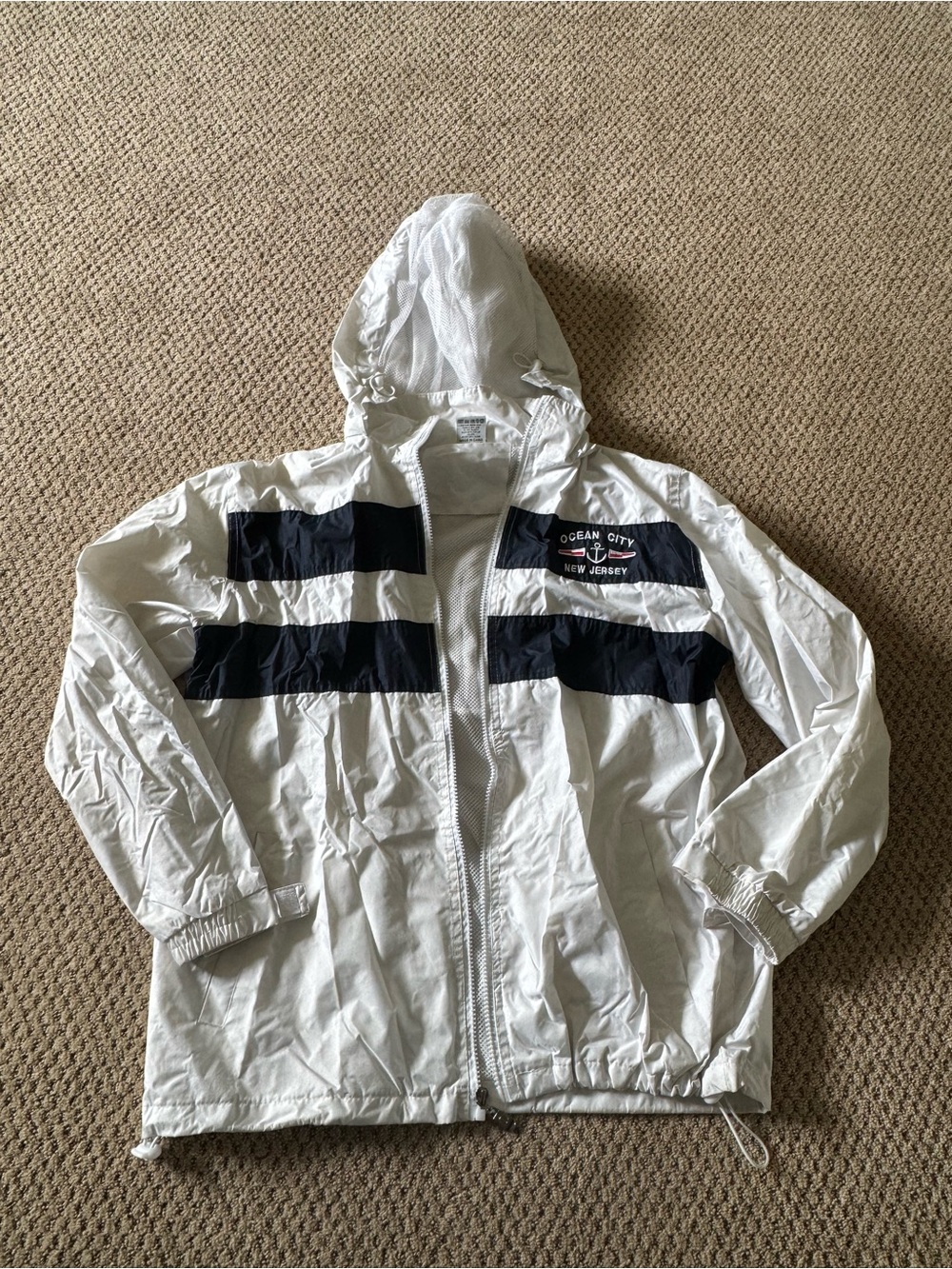 Ocean City New Jersey White Hooded Windbreaker with Navy Stripes